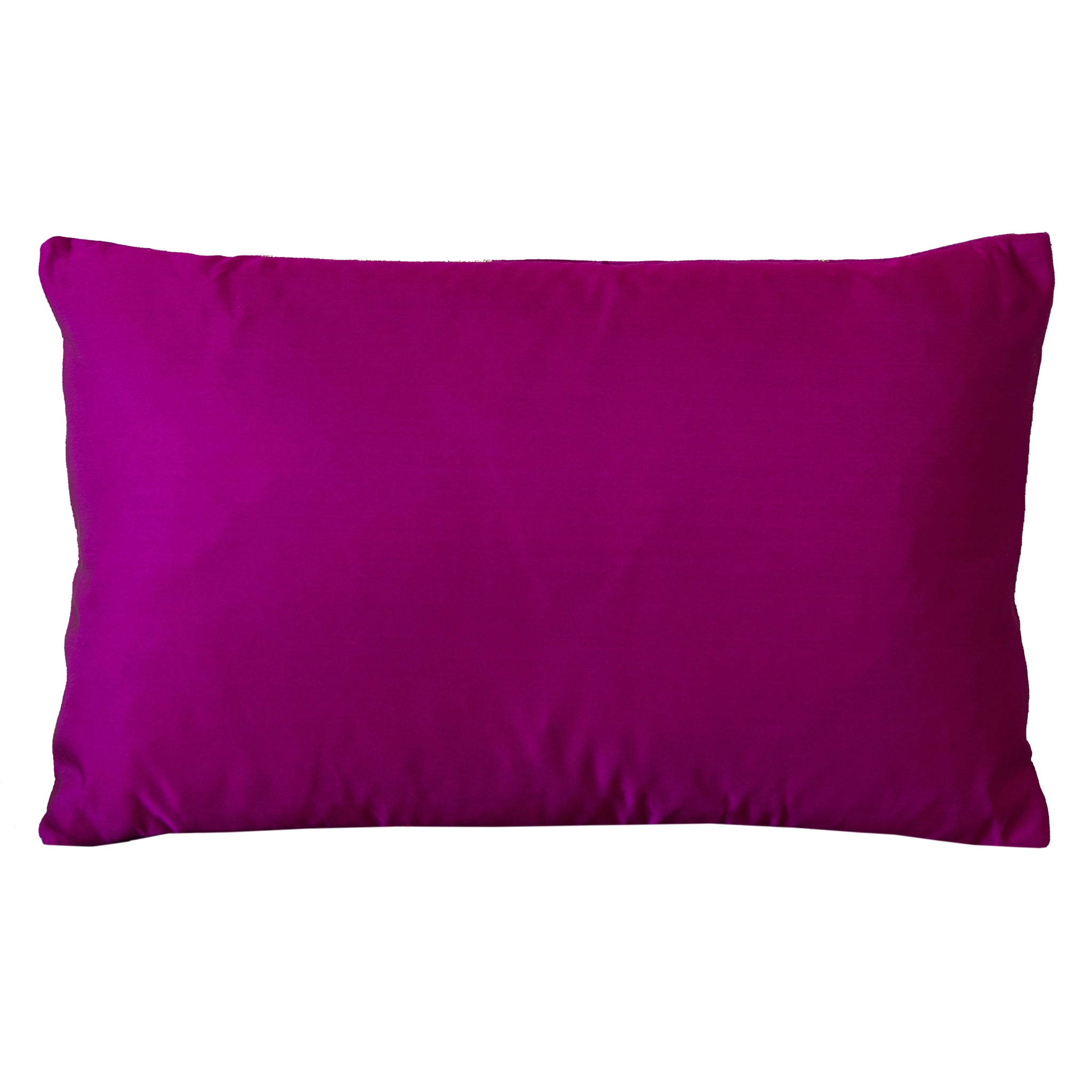 Reverse view of the purple silk  obi cushion, rectangular in shape and on a white background.