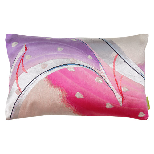 A vintage Japanese obi silk pillow in pink and silver with a peacock design, made from upcycled materials.