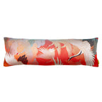 Long red vintage Japanese silk bolster cushion with white cranes, upcycled vintage uchikake kimono pillow.