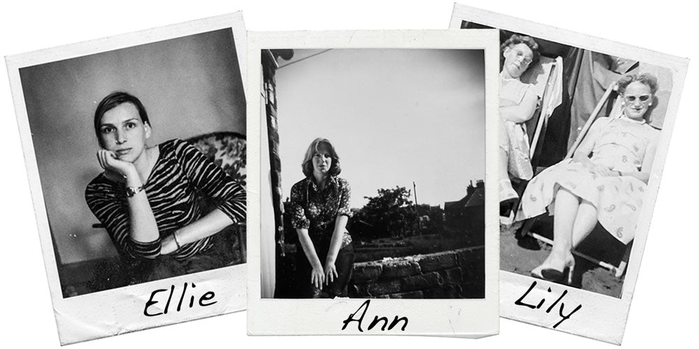 Three black and white photos of three generations of women makers from Kimono Living with names underneath on a white background
