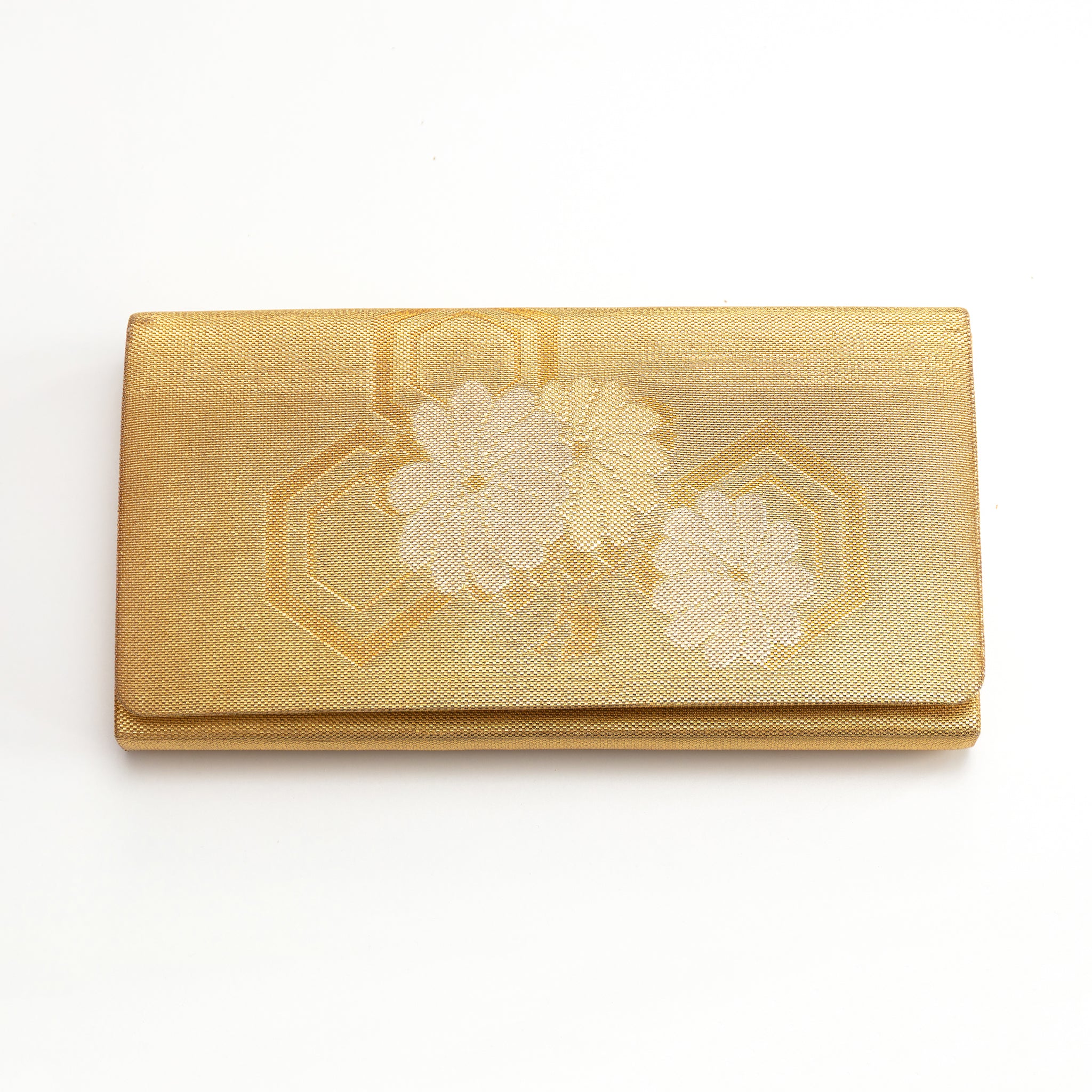 Front view of a vintage Japanese kimono silk clutch bag in metallic gold with flowers and fortune hexagon design.