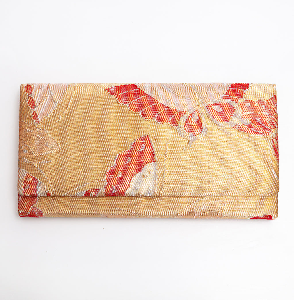 Gold Japanese silk envelope clutch with red and pale gold butterfly design