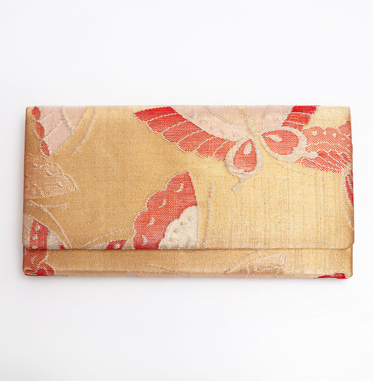 Gold Japanese silk envelope clutch with red and pale gold butterfly design