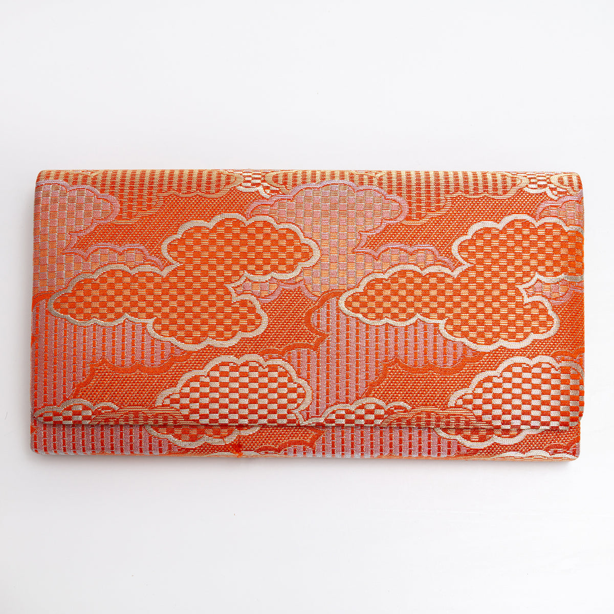 Orange and gold Japanese silk foldover clutch with graphic cloud design