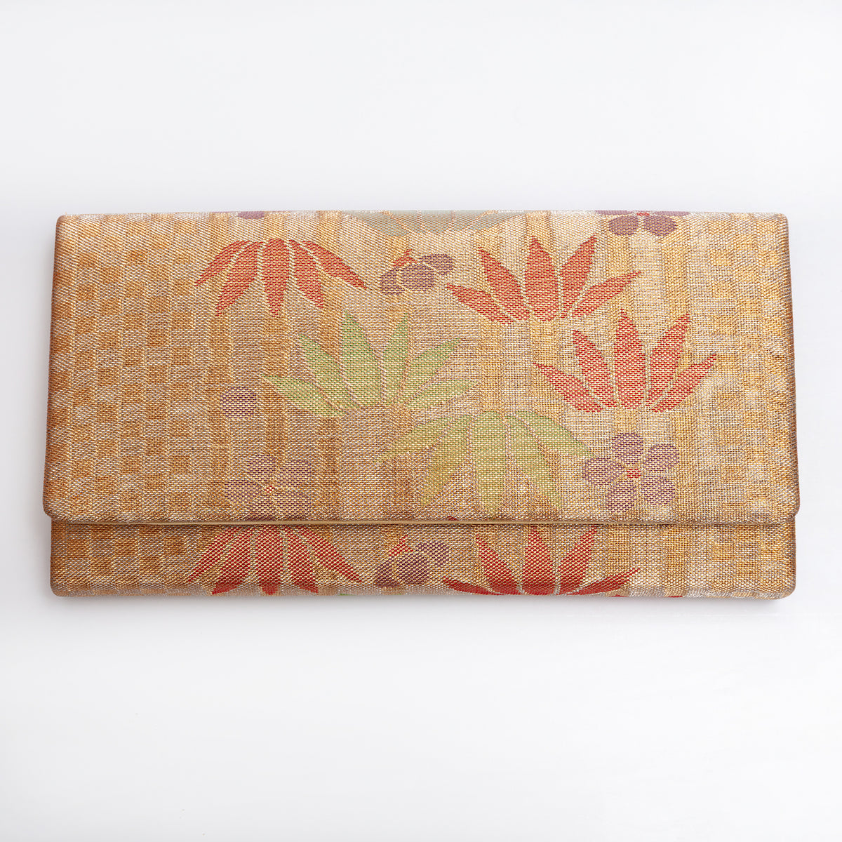 Bronze-gold Japanese silk envelope clutch with bamboo leaves and muted floral details
