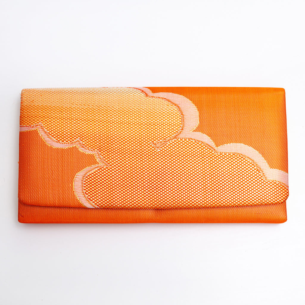 Metallic orange vintage Japanese silk foldover clutch with bold gold cloud motif