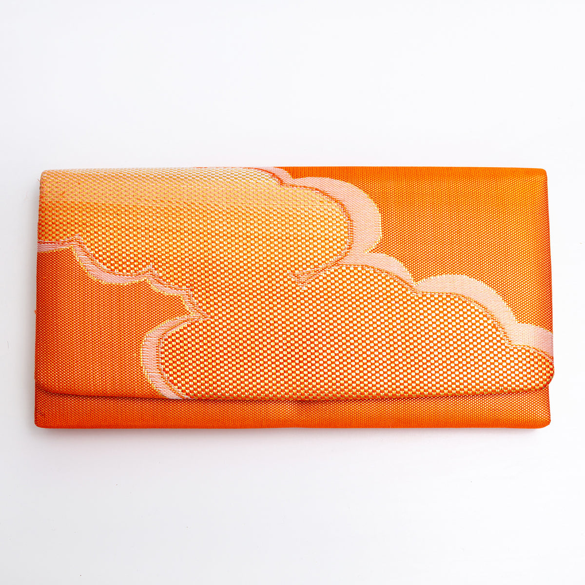 Metallic orange vintage Japanese silk foldover clutch with bold gold cloud motif