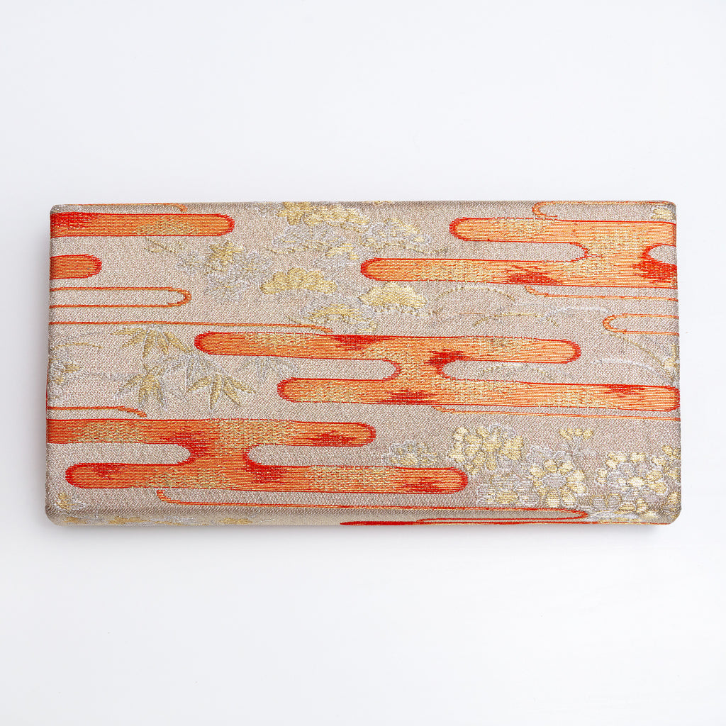 Back of pale gold Japanese kimono silk envelope clutch with woven floral details