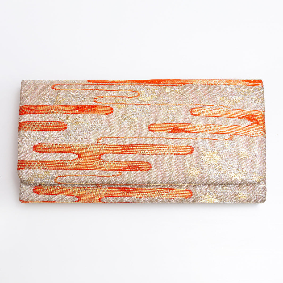 Pale gold vintage Japanese silk envelope clutch with orange kasumi mist design