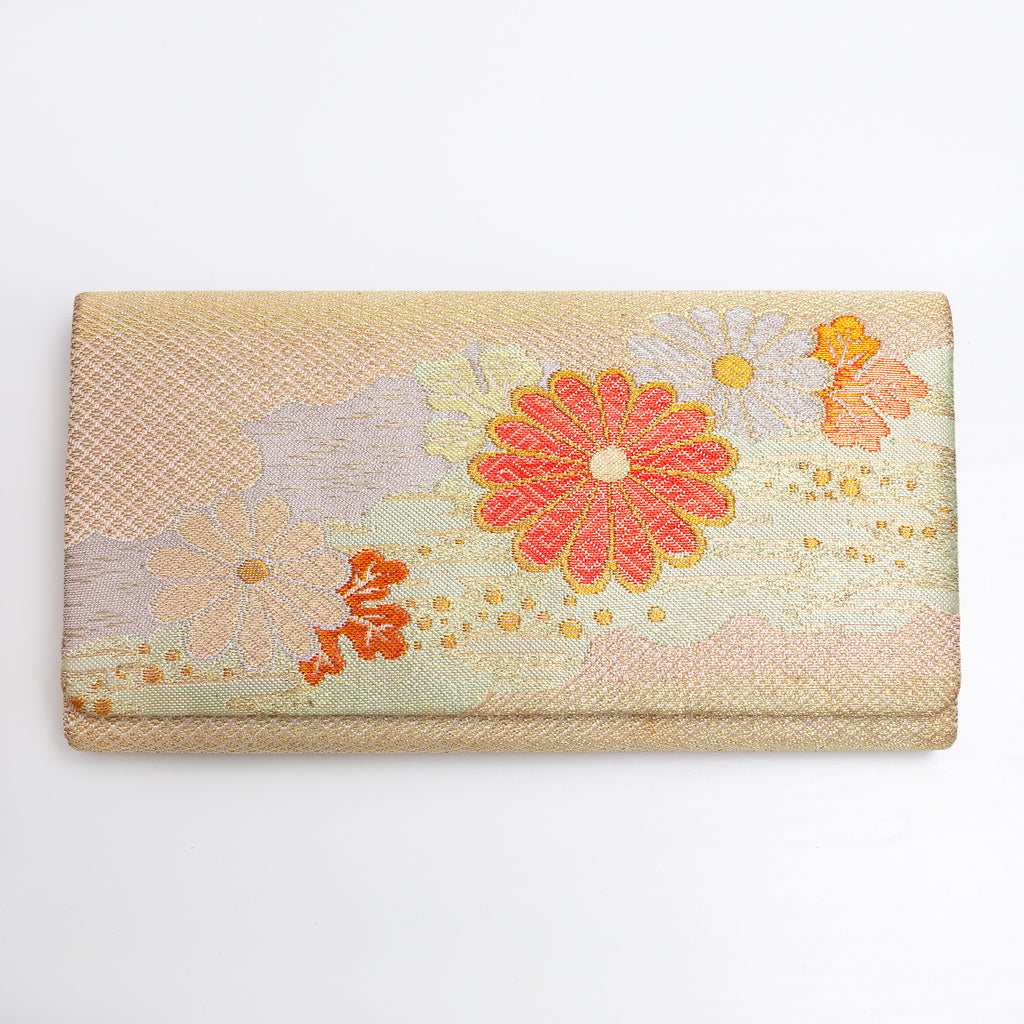 Gold vintage Japanese silk foldover clutch with chrysanthemum motifs and pale mint green band