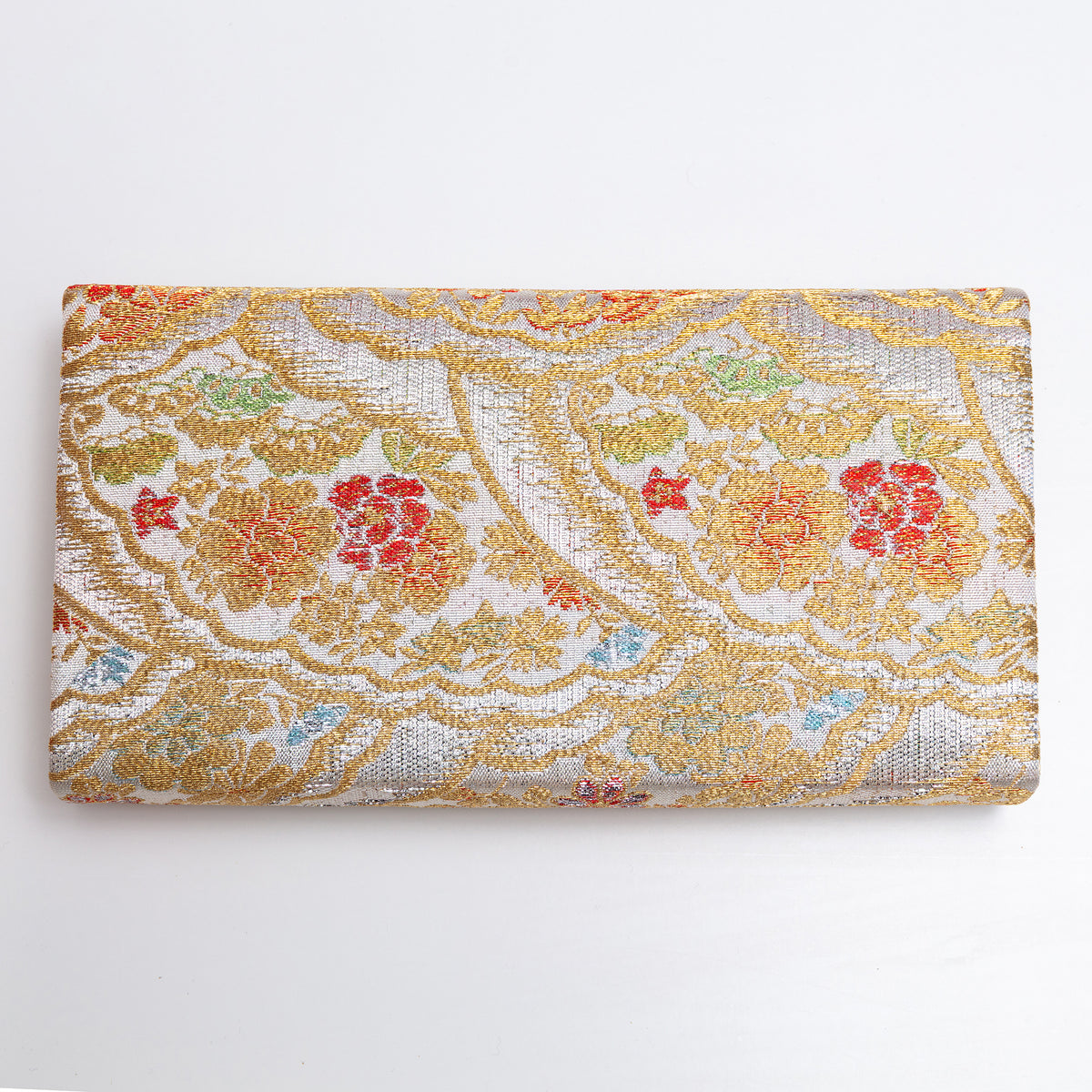Back of silver and gold Japanese kimono silk envelope clutch with detailed woven pattern
