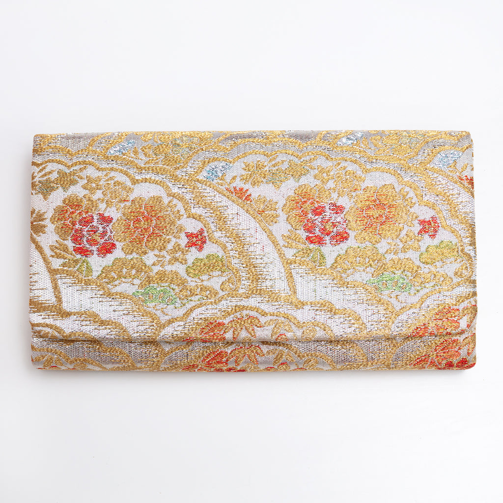 Silver and gold vintage Japanese silk envelope clutch with peony, bamboo and pine motifs