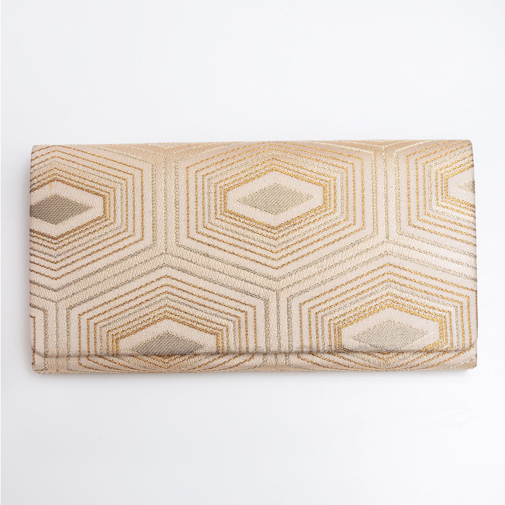 Pale gold vintage Japanese silk foldover clutch with geometric hexagon pattern