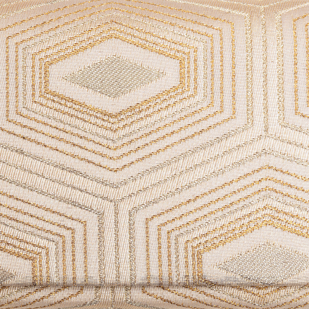 Close-up of nested hexagons and central diamond motifs woven into pale gold kimono silk
