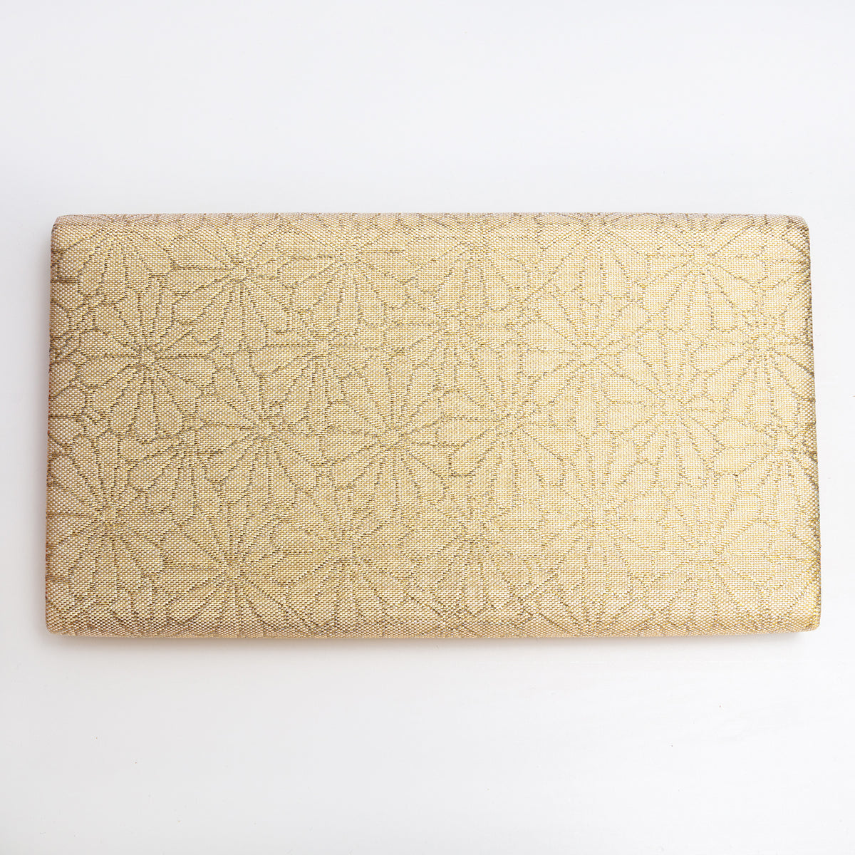 Back of metallic gold Japanese silk foldover clutch with chrysanthemum pattern