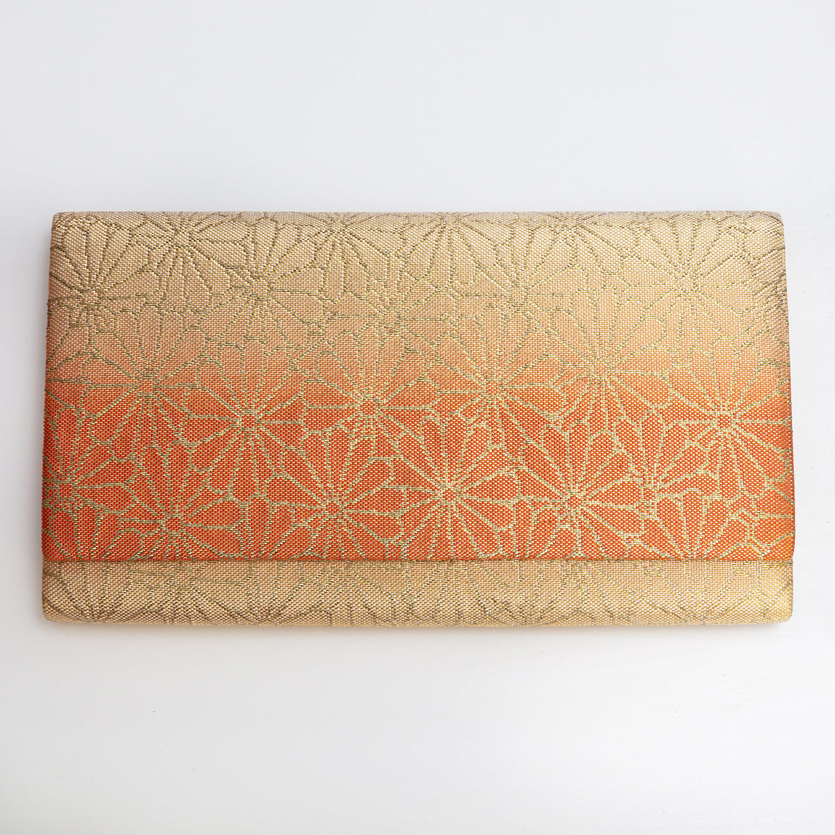 Gold and orange vintage Japanese silk foldover clutch with woven chrysanthemum motifs