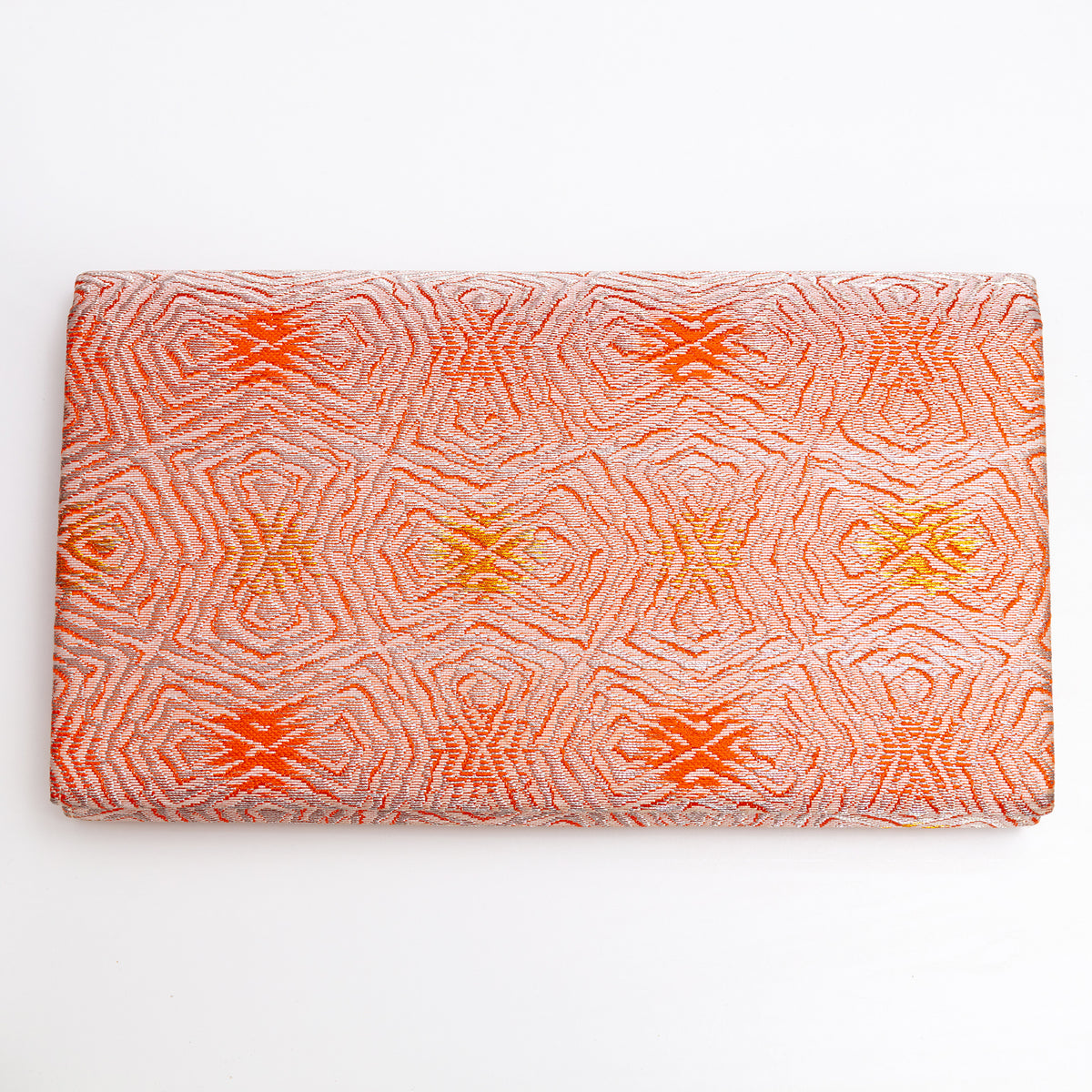 Back of peach and silver Japanese kimono silk envelope clutch with abstract woven design