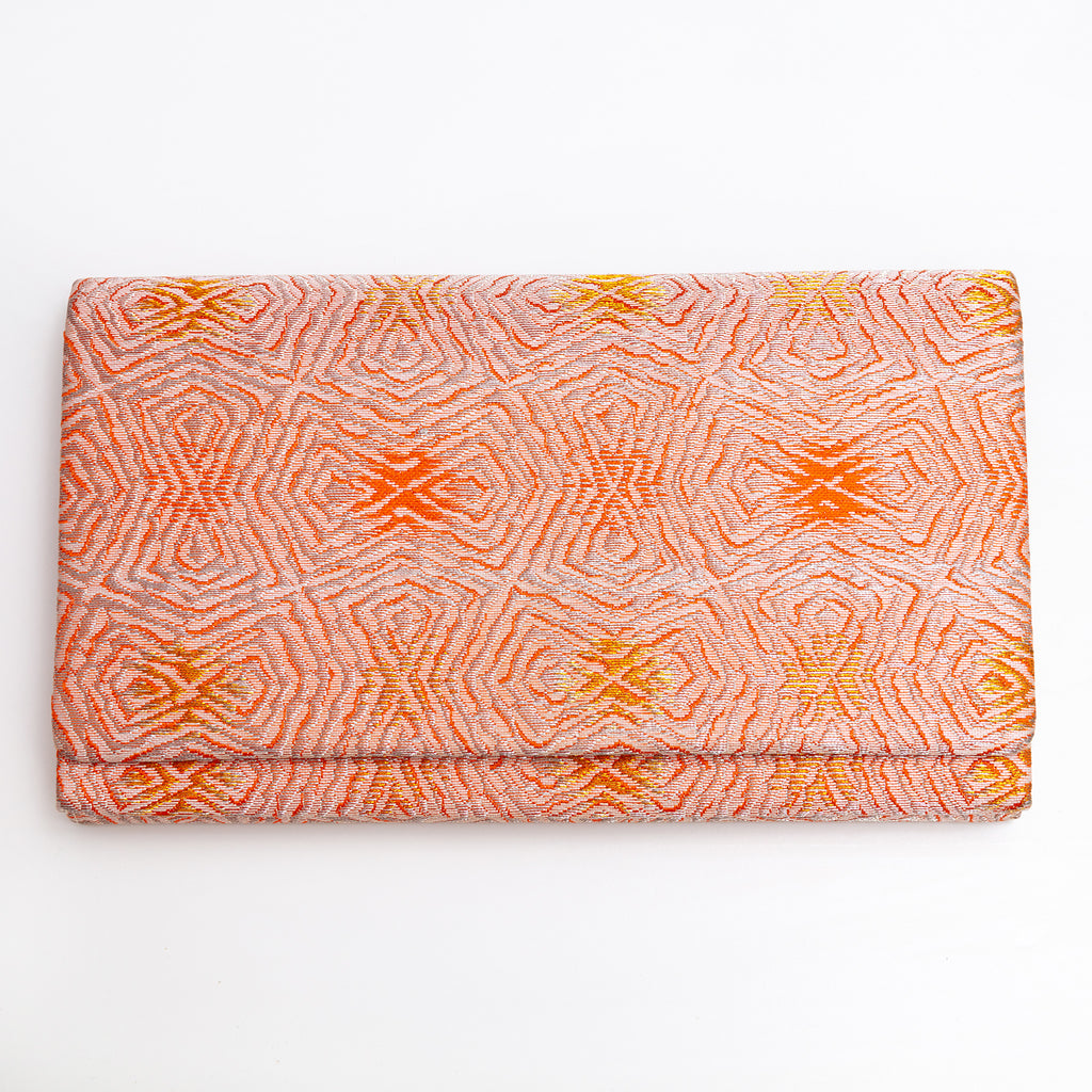 Peach and silver vintage Japanese silk envelope clutch with abstract rippling pattern and gold accents