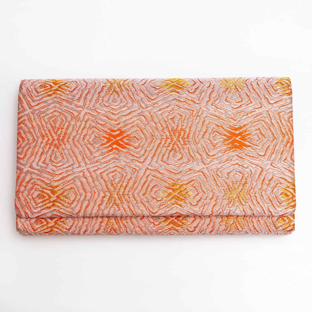 Peach and silver vintage Japanese silk envelope clutch with abstract rippling pattern and gold accents