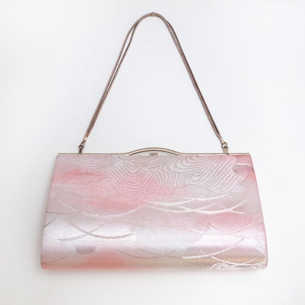 Back of pink and silver vintage Japanese silk clutch bag