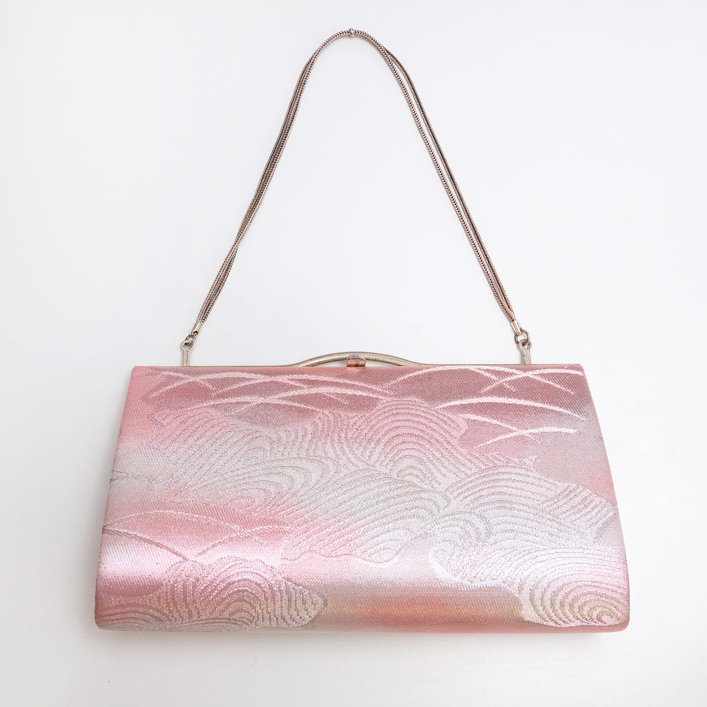 Pink and silver Japanese kimono silk clutch bag with double silver-tone chain