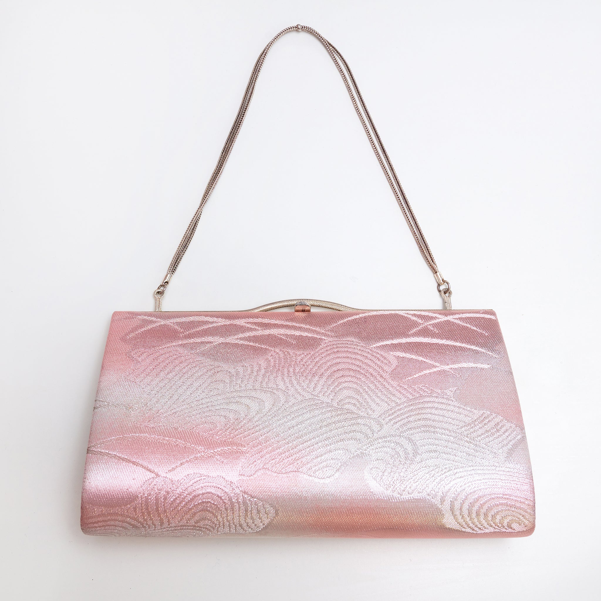 Pink and silver Japanese kimono silk clutch bag with double silver-tone chain