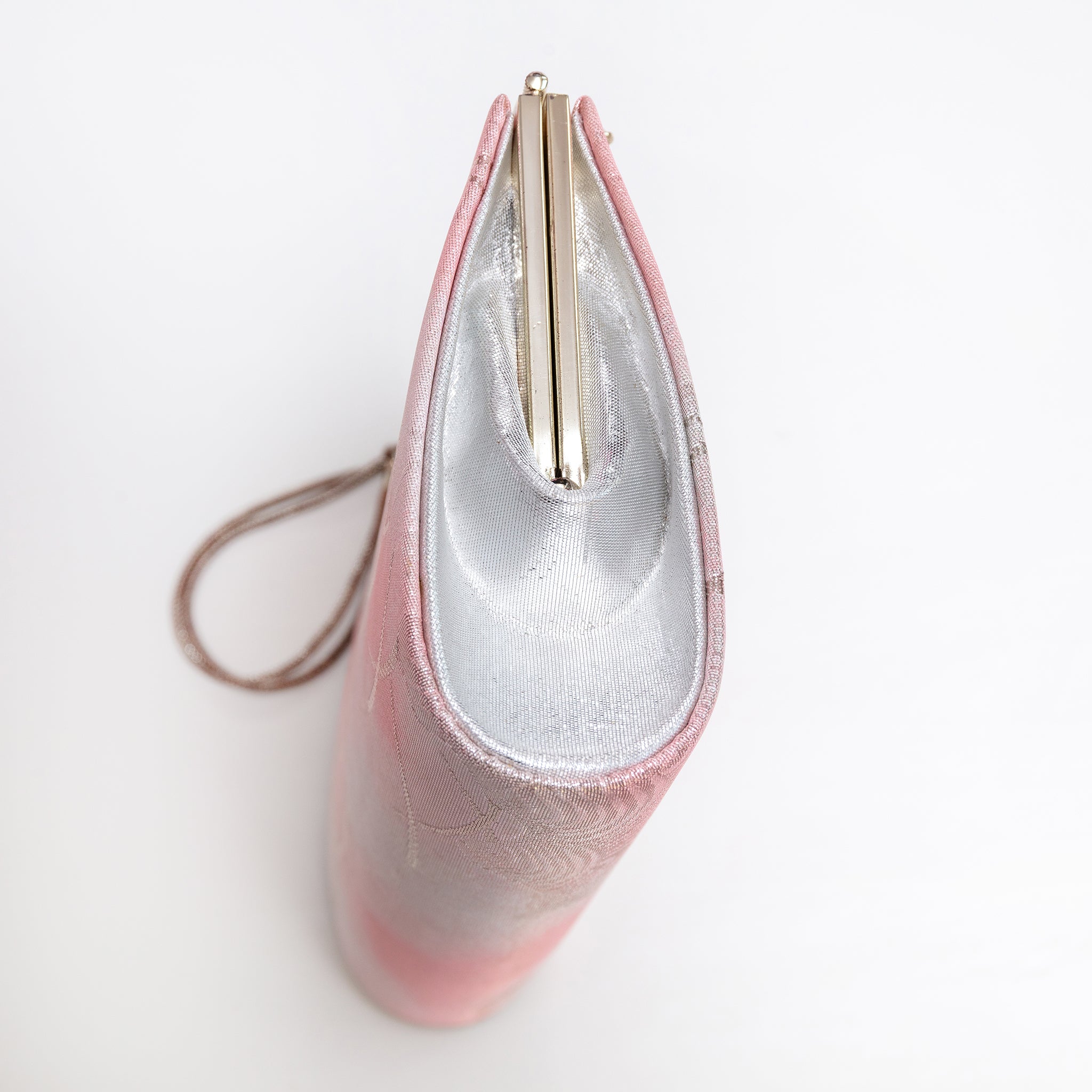 Pink silver Japanese kimono silk clutch bag showing silver side panel