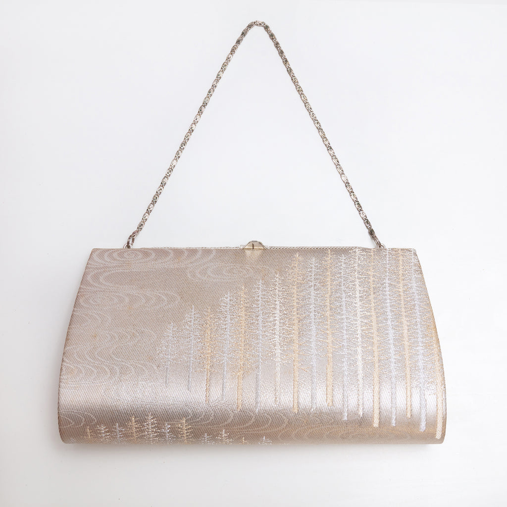 Pale gold and silver Japanese kimono silk clutch bag with silver tree design