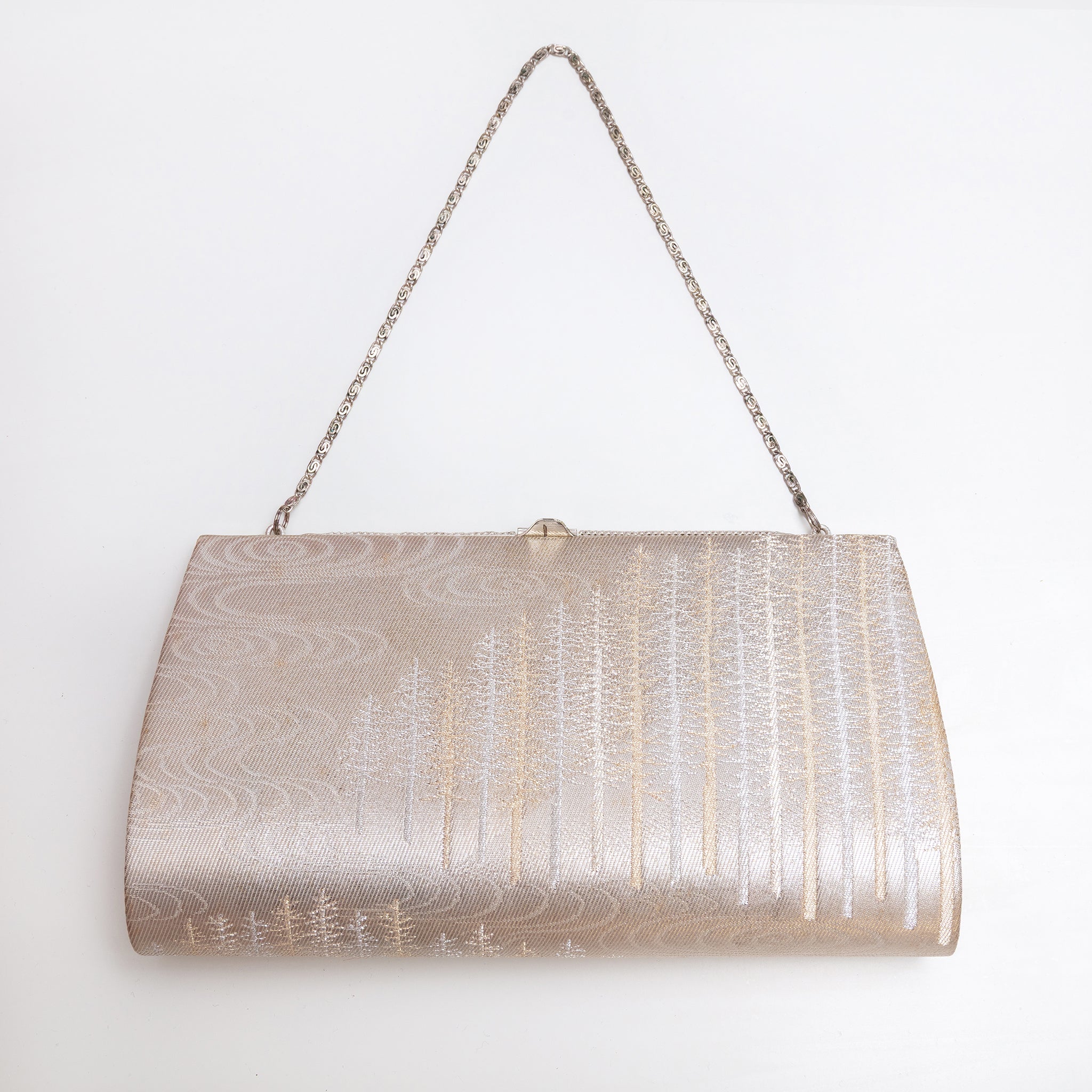 Pale gold and silver Japanese kimono silk clutch bag with silver tree design