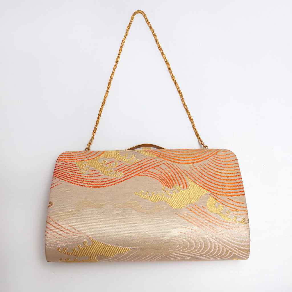 Back of orange gold vintage Japanese silk clutch bag