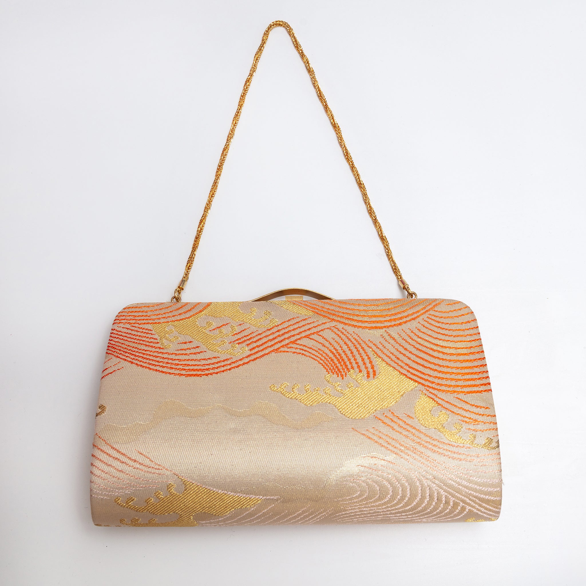 Back of orange gold vintage Japanese silk clutch bag