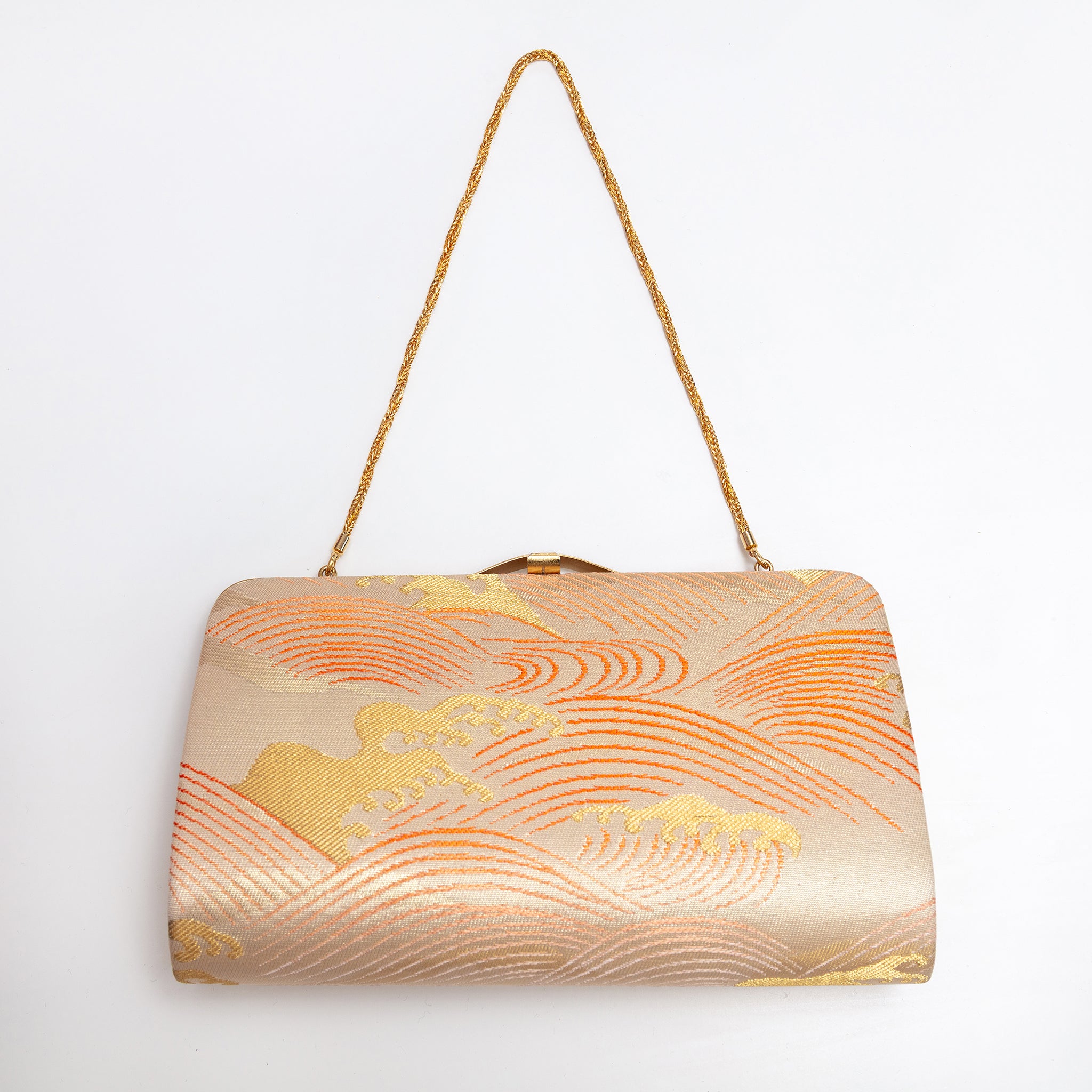 Orange and pale gold Japanese kimono silk clutch bag with wild wave design and gold chain strap