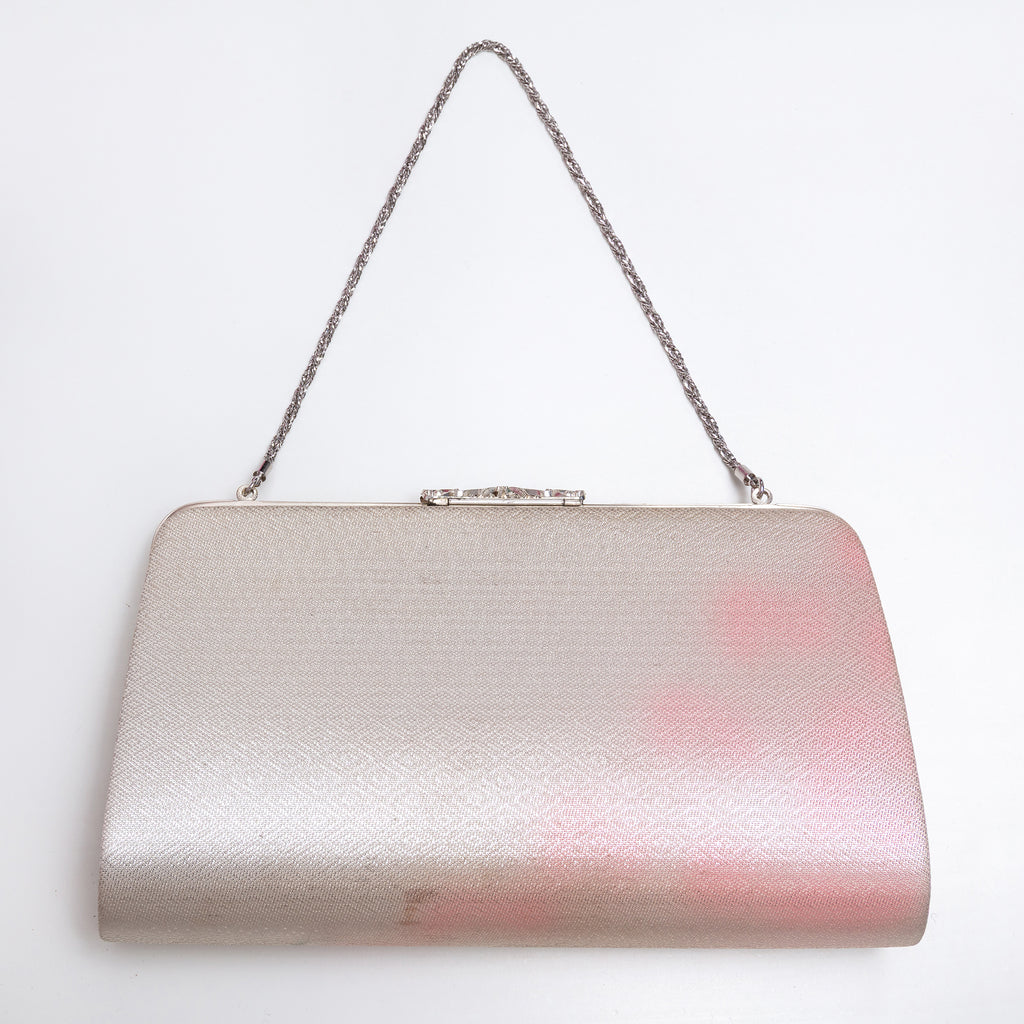 Pink and silver diamond-patterned silk reverse of vintage Japanese clutch bag