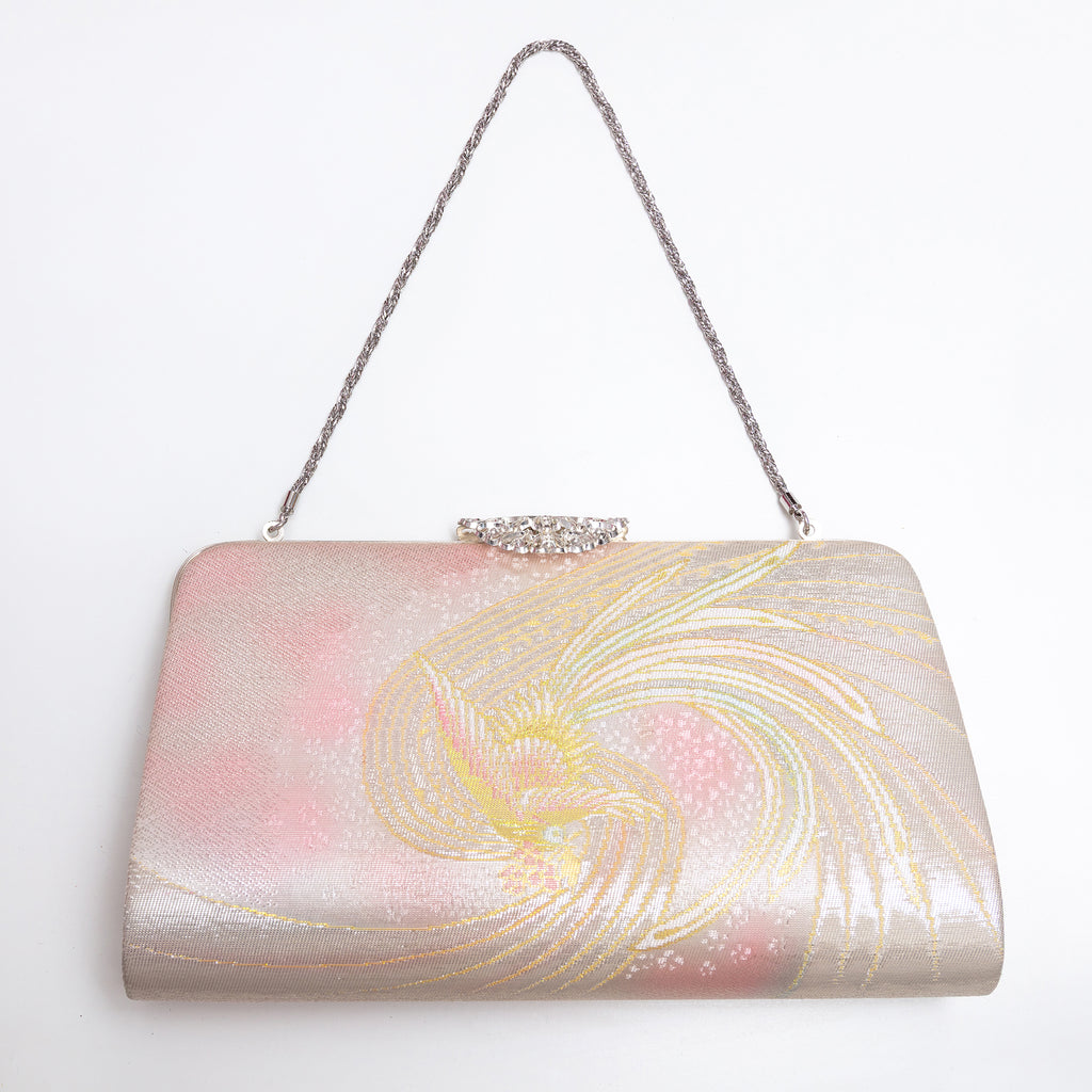 Iridescent metallic Japanese kimono silk clutch bag with swirling phoenix design and silver hardware