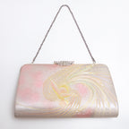 Iridescent metallic Japanese kimono silk clutch bag with swirling phoenix design and silver hardware