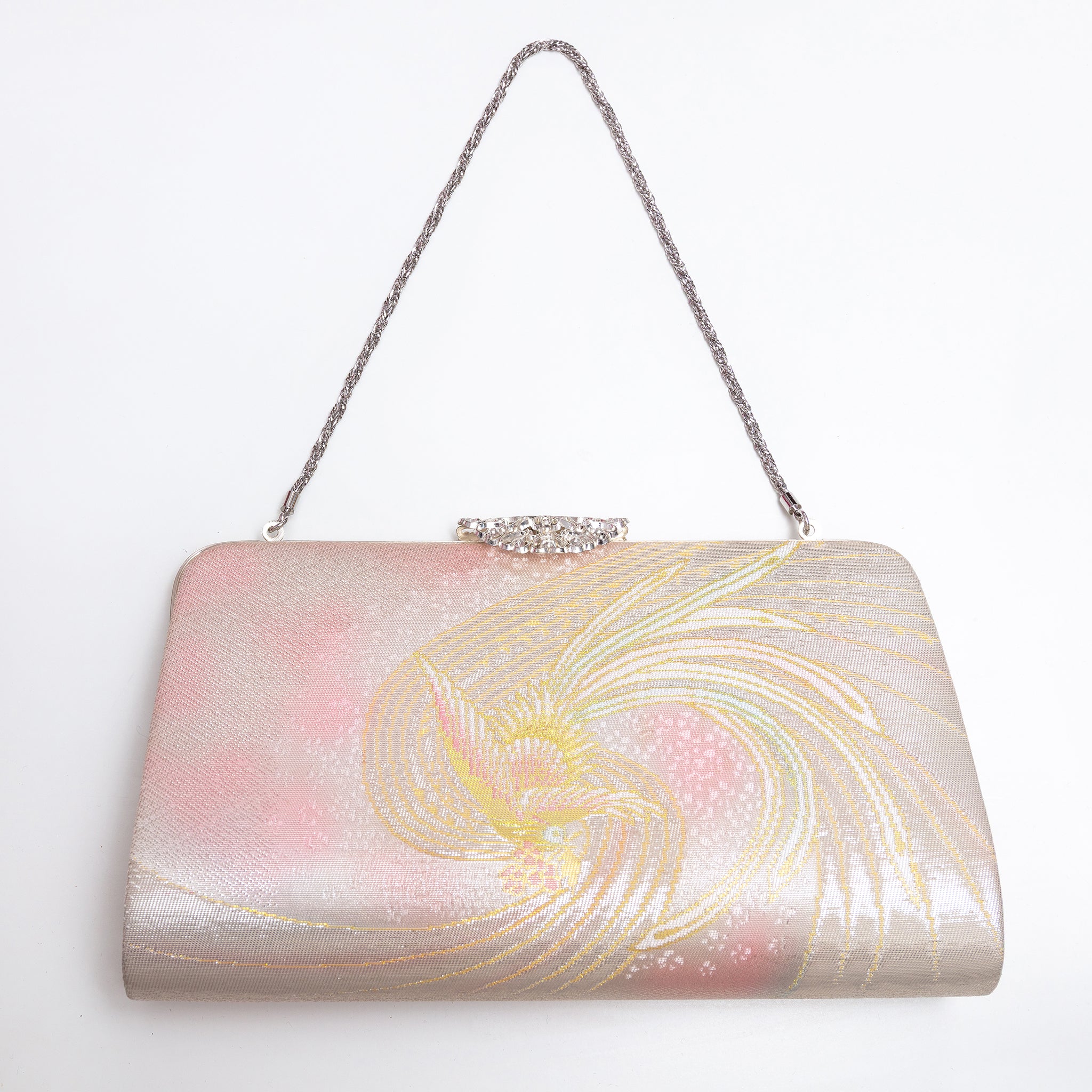 Iridescent metallic Japanese kimono silk clutch bag with swirling phoenix design and silver hardware
