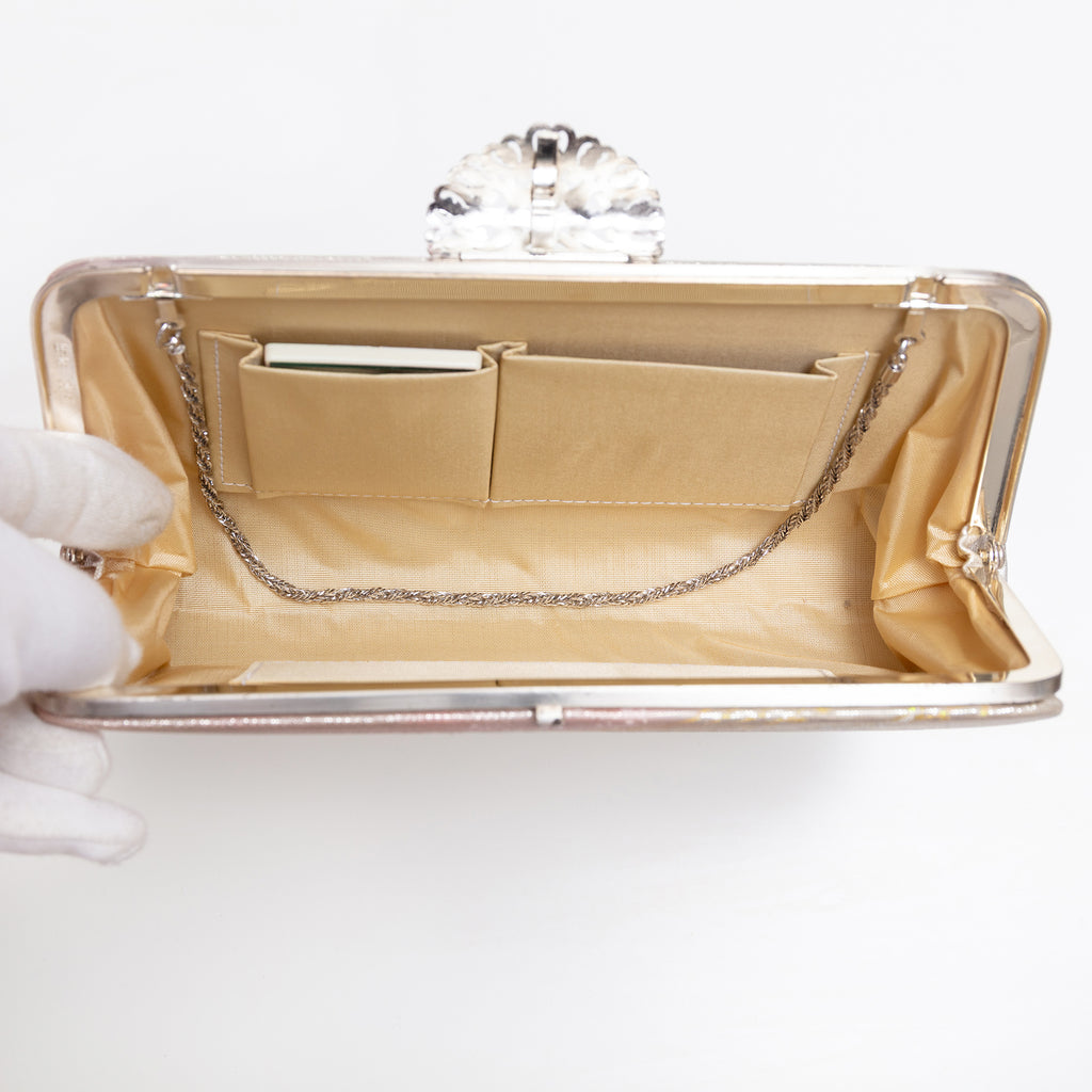 Open vintage Japanese silk clutch bag with chain tucked inside