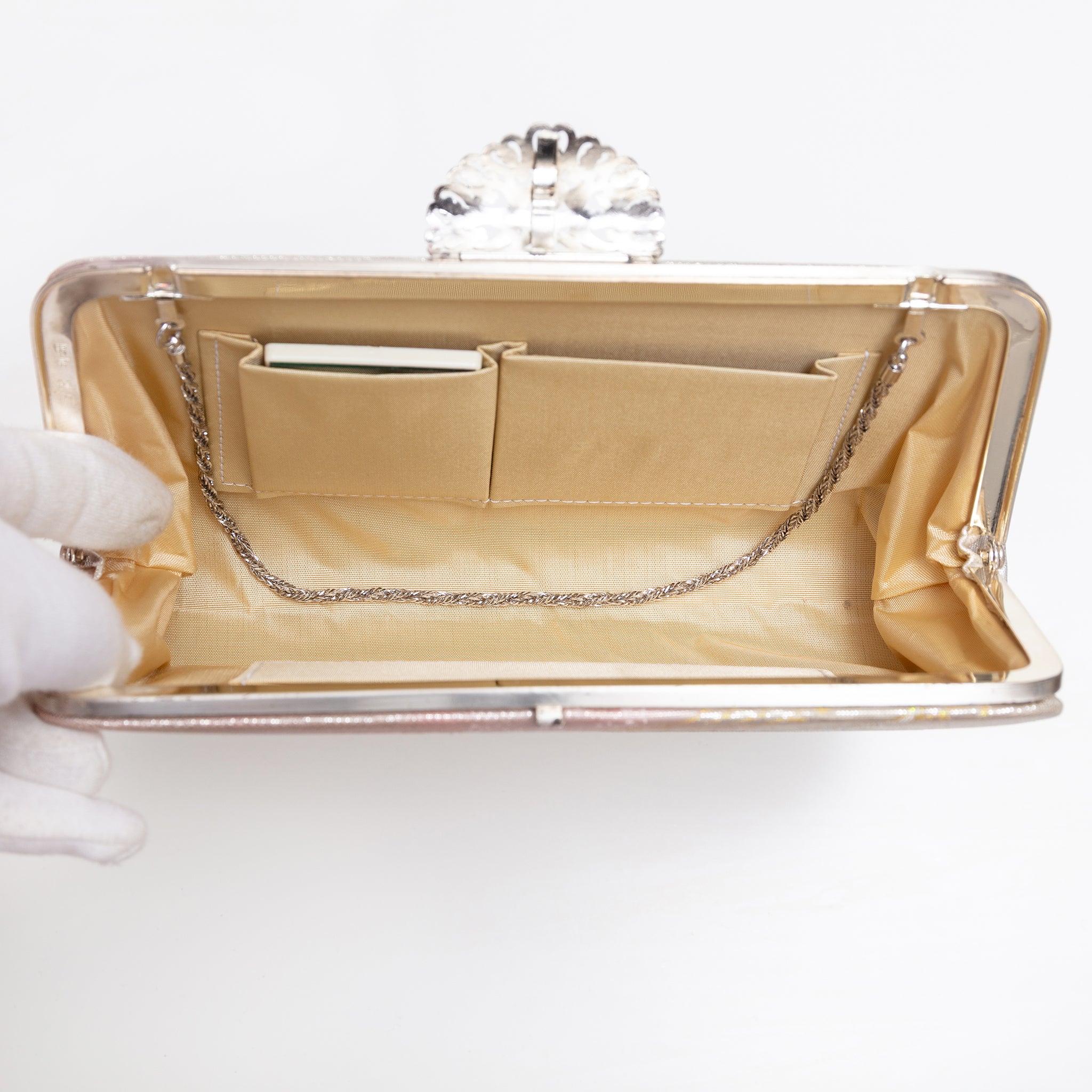 Open vintage Japanese silk clutch bag with chain tucked inside