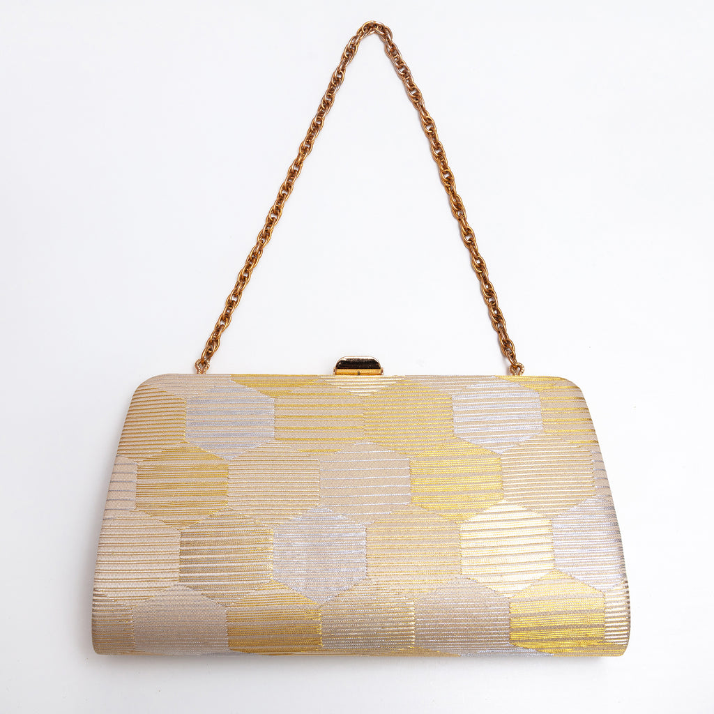 Gold and silver Japanese kimono silk clutch bag with graphic hexagon pattern
