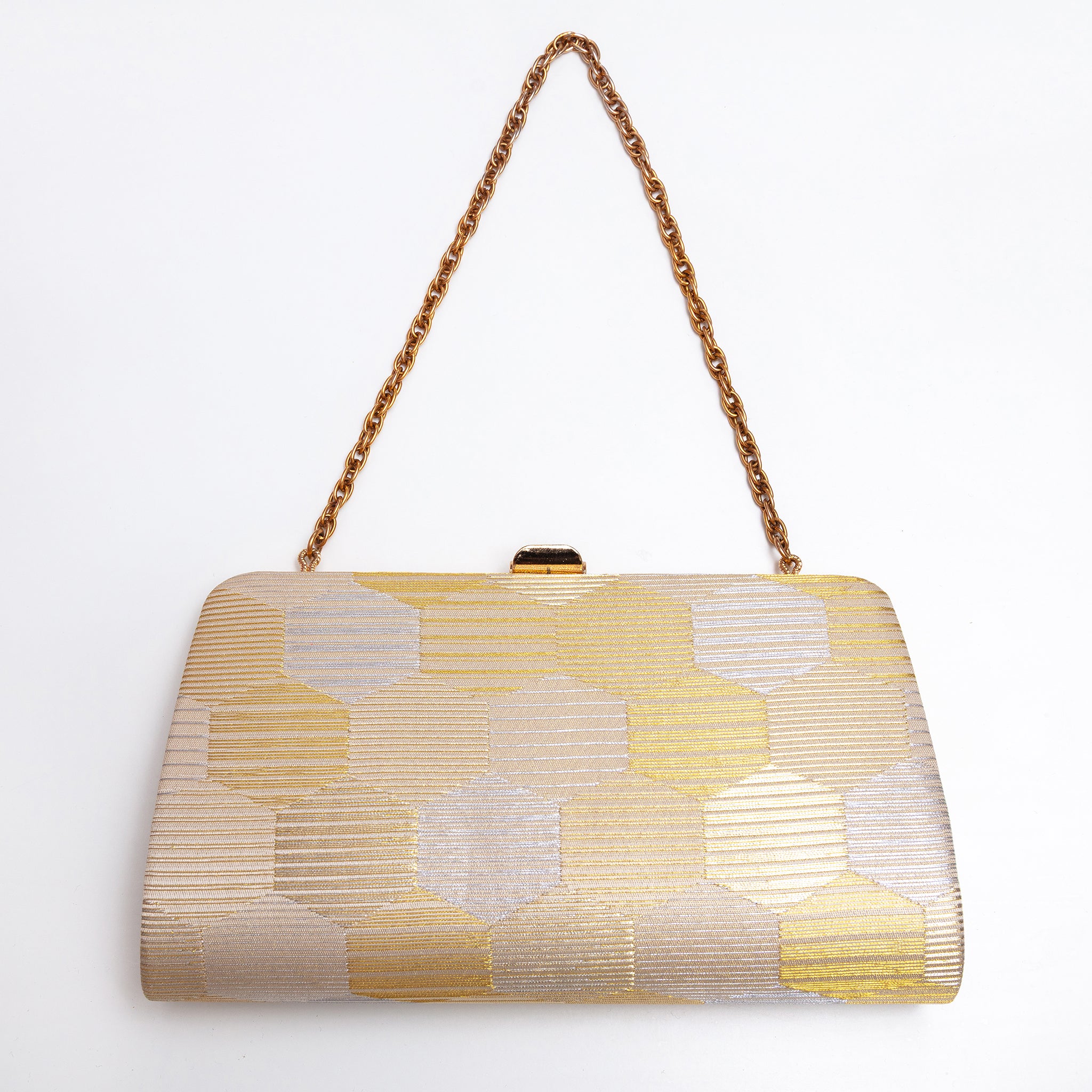 Gold and silver Japanese kimono silk clutch bag with graphic hexagon pattern