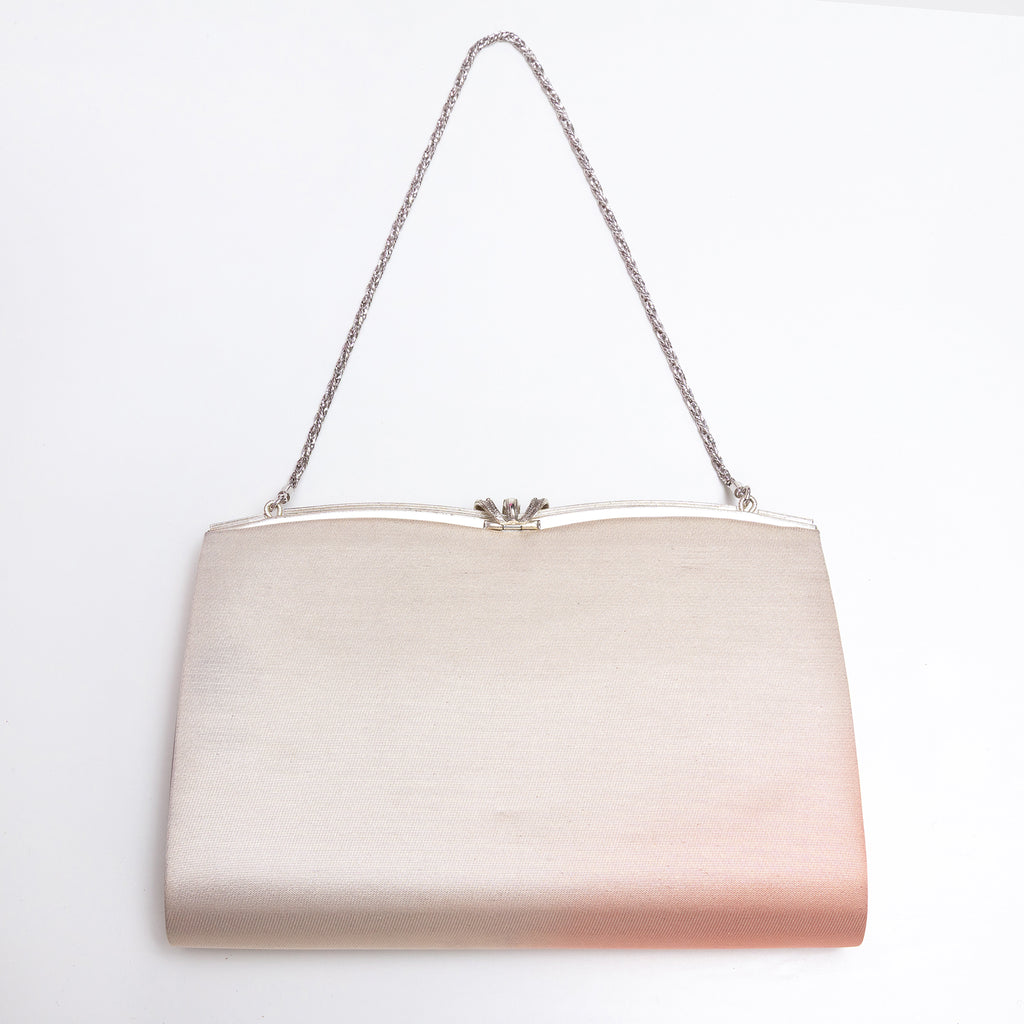 Back of metallic peach and gold vintage Japanese silk clutch bag