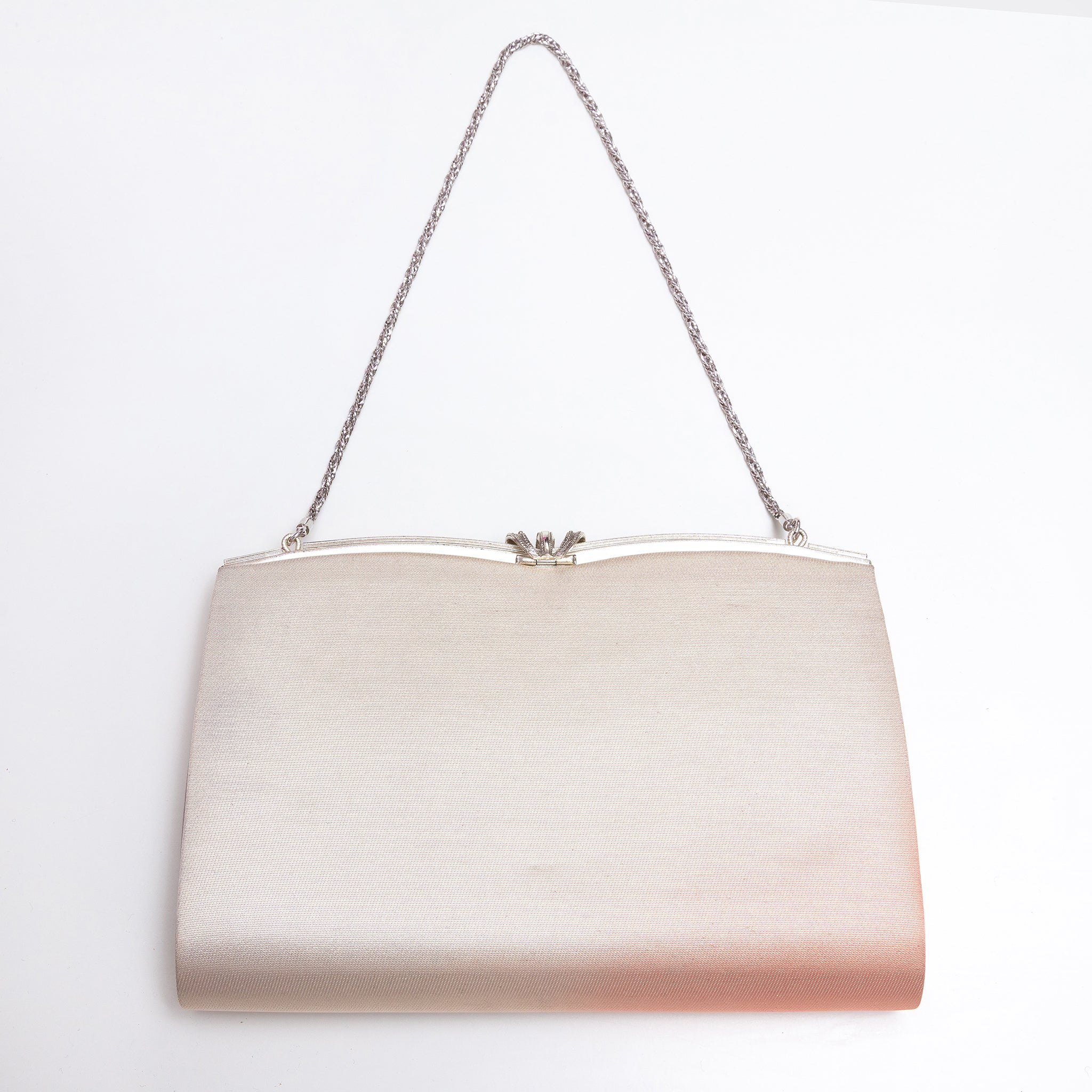 Back of metallic peach and gold vintage Japanese silk clutch bag