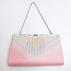 Back of pastel rainbow vintage Japanese silk clutch bag with gathered chevron design