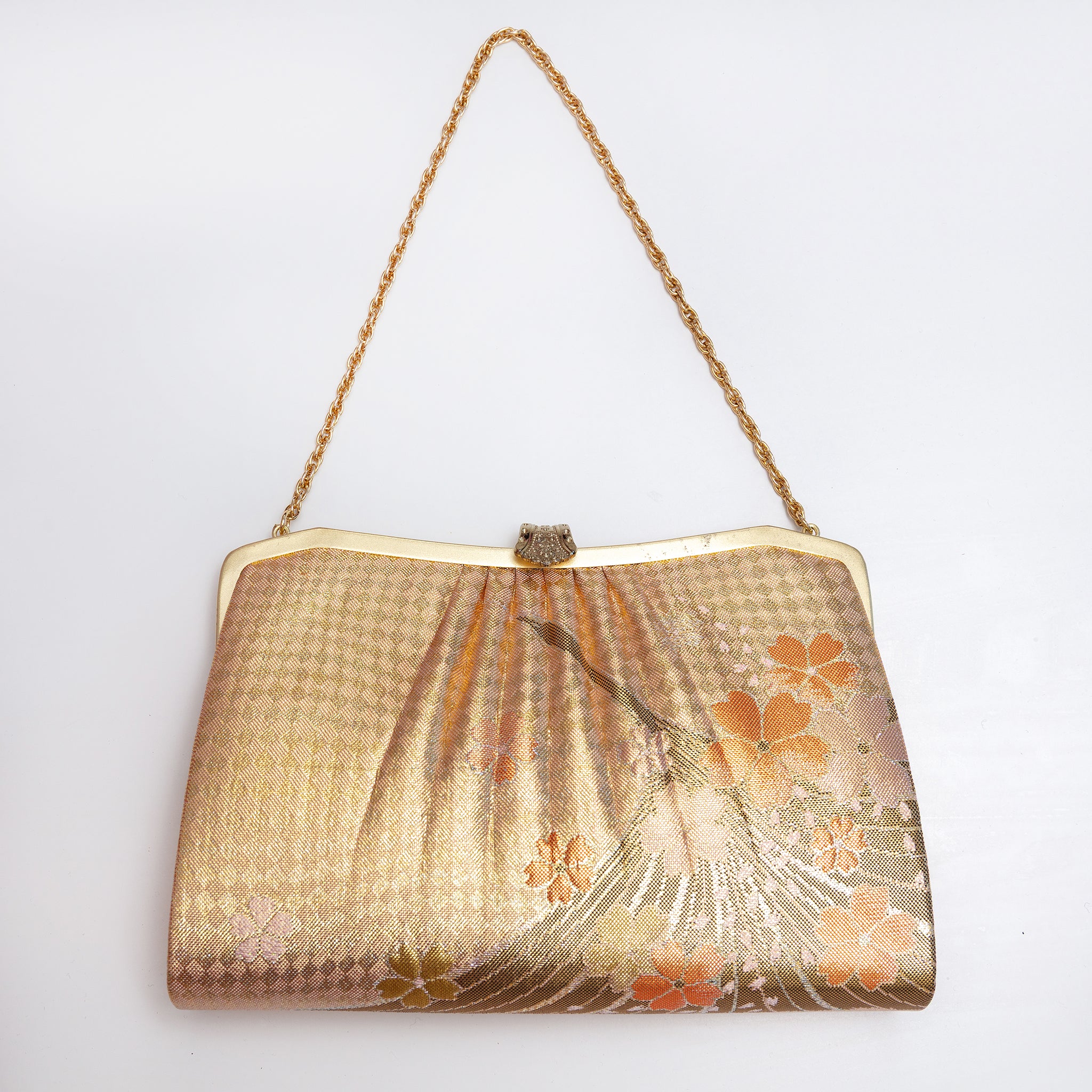 Gold Japanese kimono silk clutch bag with stylised crane and cherry blossom design