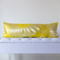Chartreuse silk kimono bolster cushion with metallic Japanese fan pattern, crafted from vintage Japanese silk
