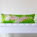 Green silk kimono bolster cushion with silver pine and blossom embroidery on metallic patterned silk