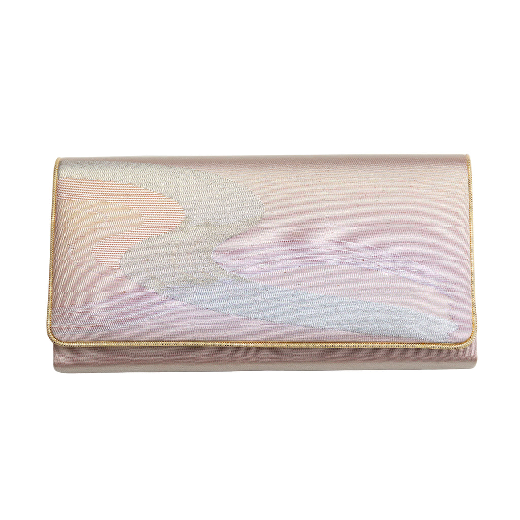 Iridescent Japanese handbag clutch with rainbow river design and gold trim, vintage Japanese fold over clutch bag on white.