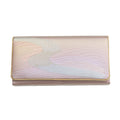 Iridescent Japanese handbag clutch with rainbow river design and gold trim, vintage Japanese fold over clutch bag on white.