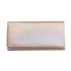 Iridescent Japanese handbag clutch with rainbow river design and gold trim, vintage Japanese fold over clutch bag on white.