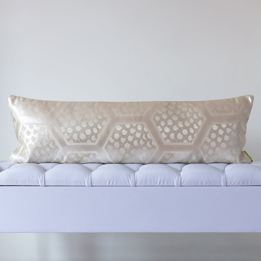 Cream and silver silk kimono bolster cushion with geometric hexagon pattern, crafted from vintage Japanese silk